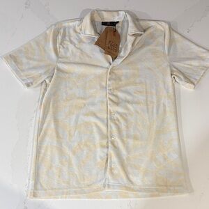 Terry Cloth Cream Patterned Short Sleeve Shirt Size Large
